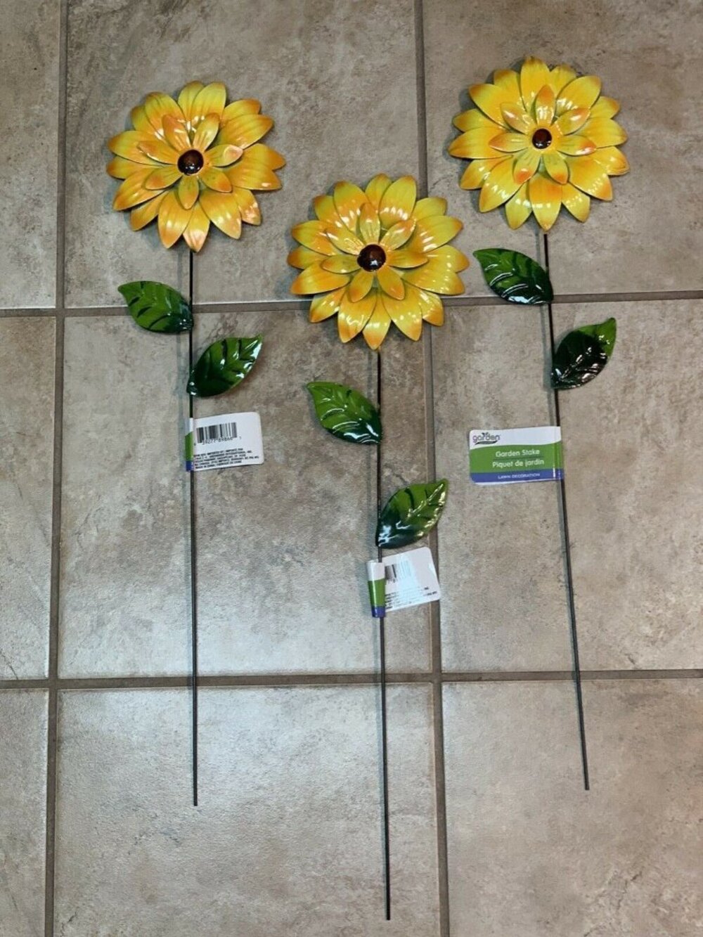3x Metal Colorful Yellow Flower Garden Pick 6" x 6" w x 24" Flower Stake U5b